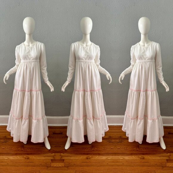 Handmade Dresses & Skirts - Vintage 70s White Embroidered Prairie Tiered Wedding Maxi Dress S/M